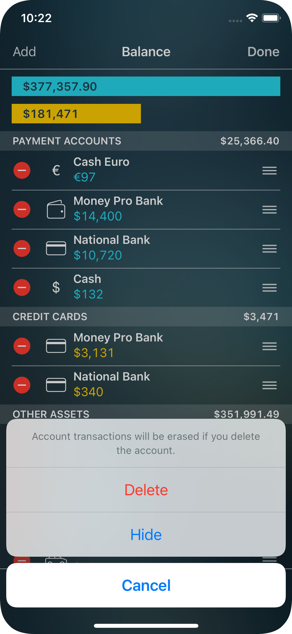 Money Pro - Deleting an account - iPhone